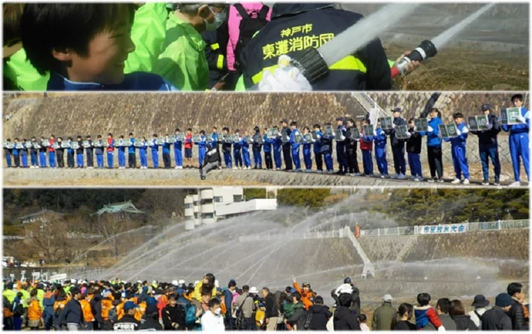 住吉川で一斉放水!東灘区民放水大会、震災の記憶を胸に防災訓練